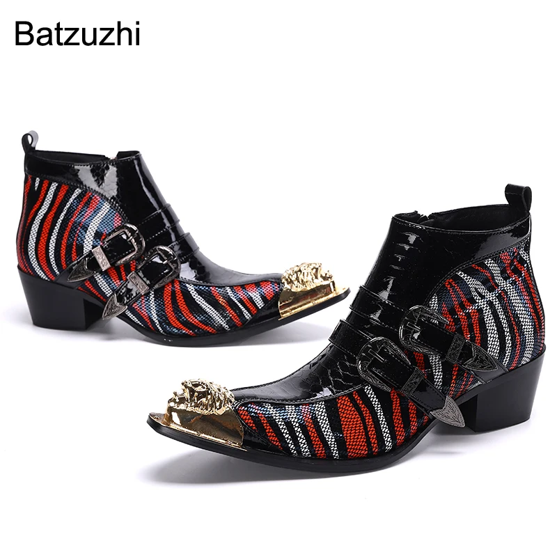 Batzuzhi 6.5cm Heels Height Men's Boots Western Handmade Genuine Leather Ankle Boots Men Golden Toe Buckles Motorcycle Botas