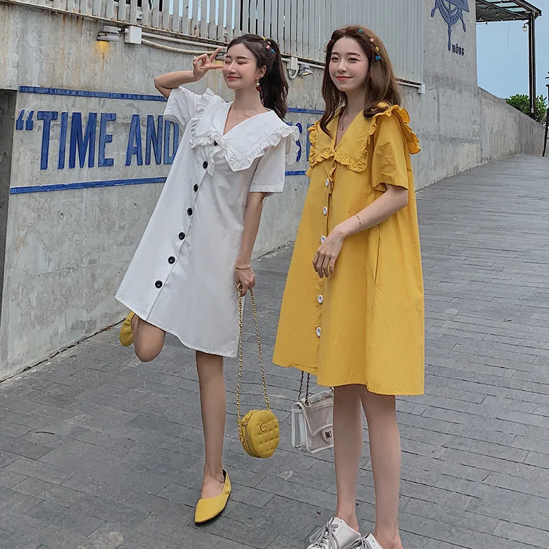 

2019 Summer New Style Korean-style Versatile College Style Girl's Shirt Dress Short-height Short Skirt