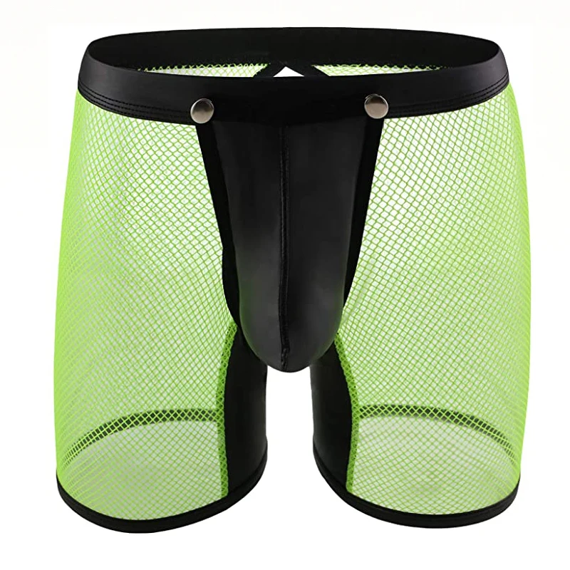 

1PCS Men's Underwear Sexy Mesh Stitching Imitation Leather Boxer Briefs Low Rise