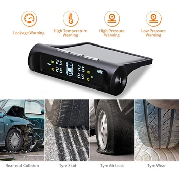 

AN001 Solar Car TPMS LCD Display Auto Tire Pressure Monitoring Tyre Temperature Alarm Warning System with 4 External / Internal
