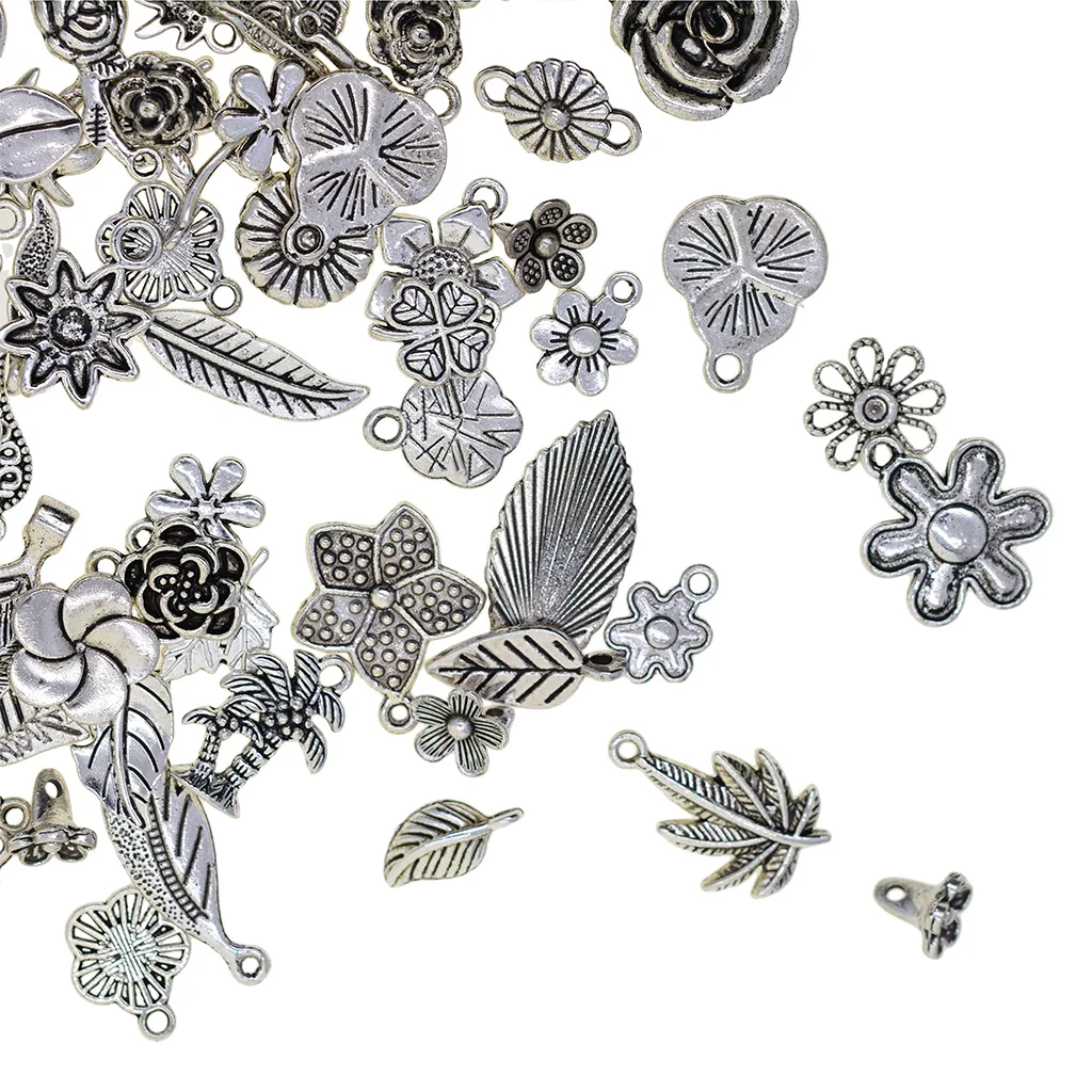 100 Grams Tibetan Silver Plated Mixed Plant Leaves Flowers Charms Pendants Connectors DIY for Jewelry Making and Crafting