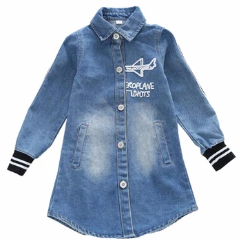 

Vintage Long Girls Denim Jacket for Children Spring Clothes 2020 New Kids Blue Print Outwear Coat Mid-length Baby Windbreaker
