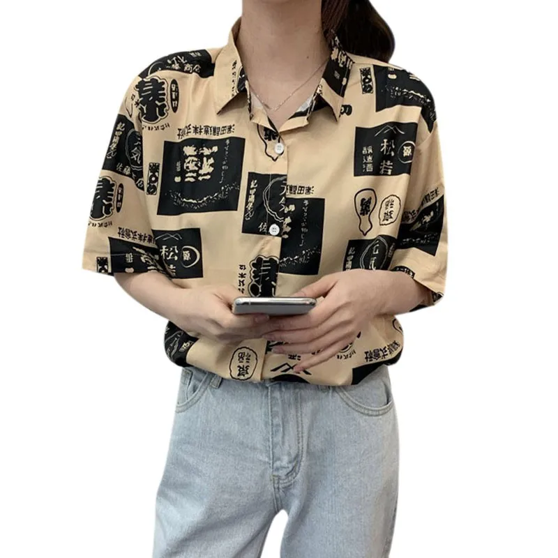 

Liva Girl Retro Shirt Summer 2020 New Women Blouse Loose Lapel Single-Breasted Printing Picture Color Camisa Vetements Femmes