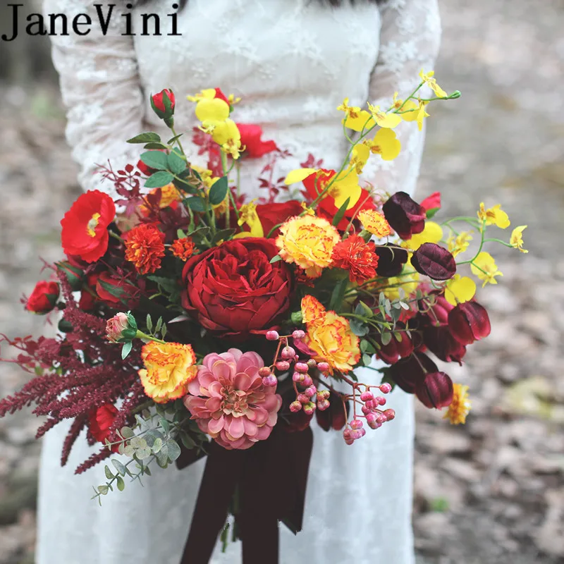 JaneVini Ретро красный желтый Свадебный букет невесты Шелковый цветок фотография