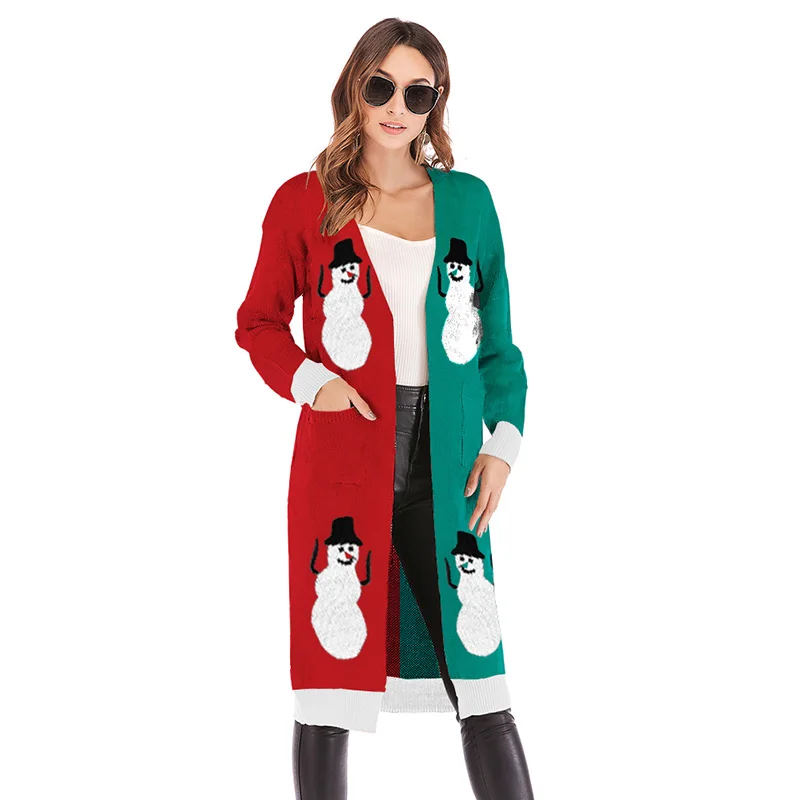 Рождественский свитер, Осенний длинный кардиган с леопардовым принтом, женский длинный вязаный свитер с длинным рукавом, верхняя одежда, женские джемперы, туника - Цвет: Зеленый