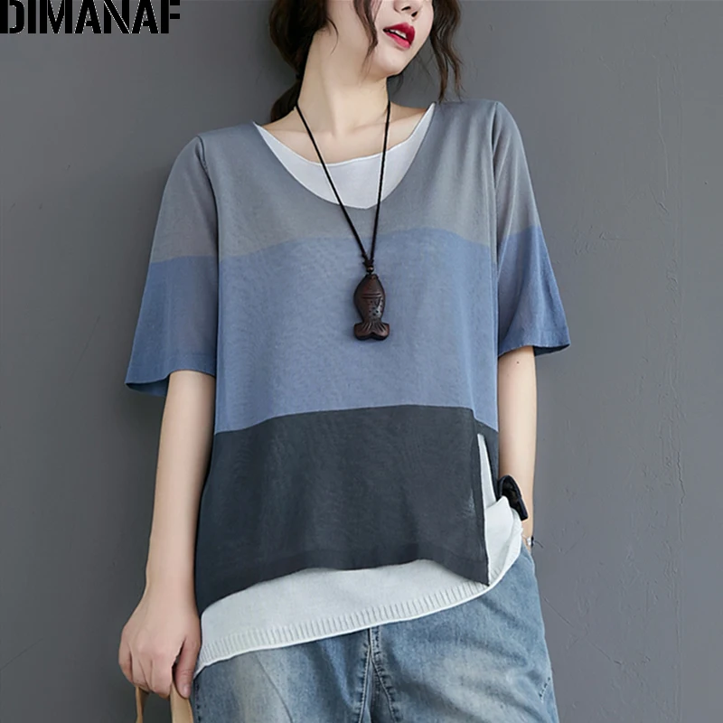 

DIMANAF Summer Plus Size T-Shirts Women Clothing Basic Lady Tops Tunic Tee Shirt Loose Casual tshirt Patchwork Thin Cotton Linen