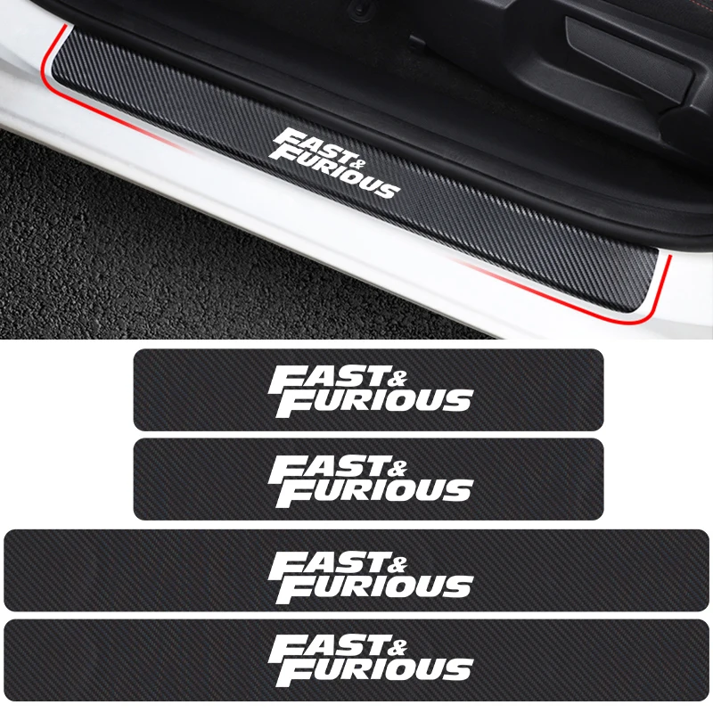

4Pcs Carbon Fiber Car Sticker The Fast and the Furious Emblem Badge Waterproof Reflective Car Door Sills Protector Stickers