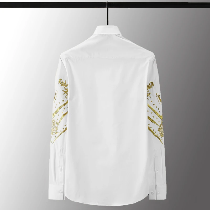 

Gold Embroidery Luxury Solid Solor Long Sleeve Mens Dress Plus Size 4xl Fashion Slim Fit Male Shirts