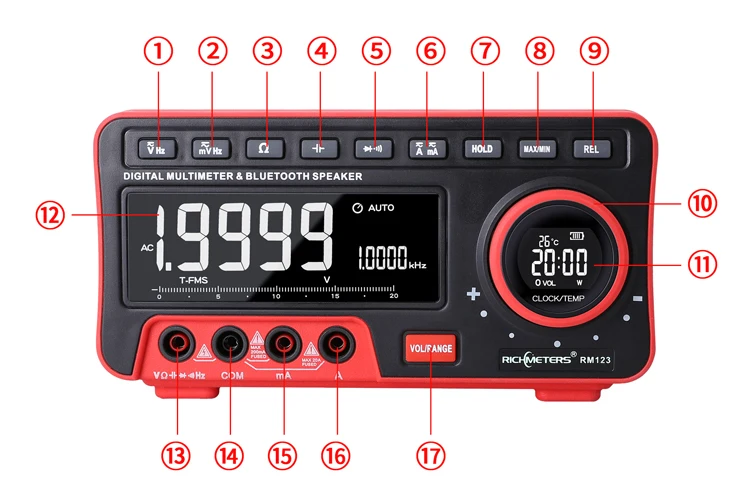 RICHMETERS Цифровой мультиметр 19999 вольтметр тестер зонды 1,2 м синий зуб динамик авто-диапазон Аналоговый амперметр