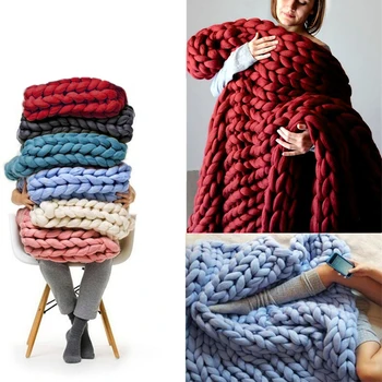 

Winter Warm Soft Thick Woolen Chunky Hand Knitted Sofa Blanket Solid Bed Blanket For Home Life D25