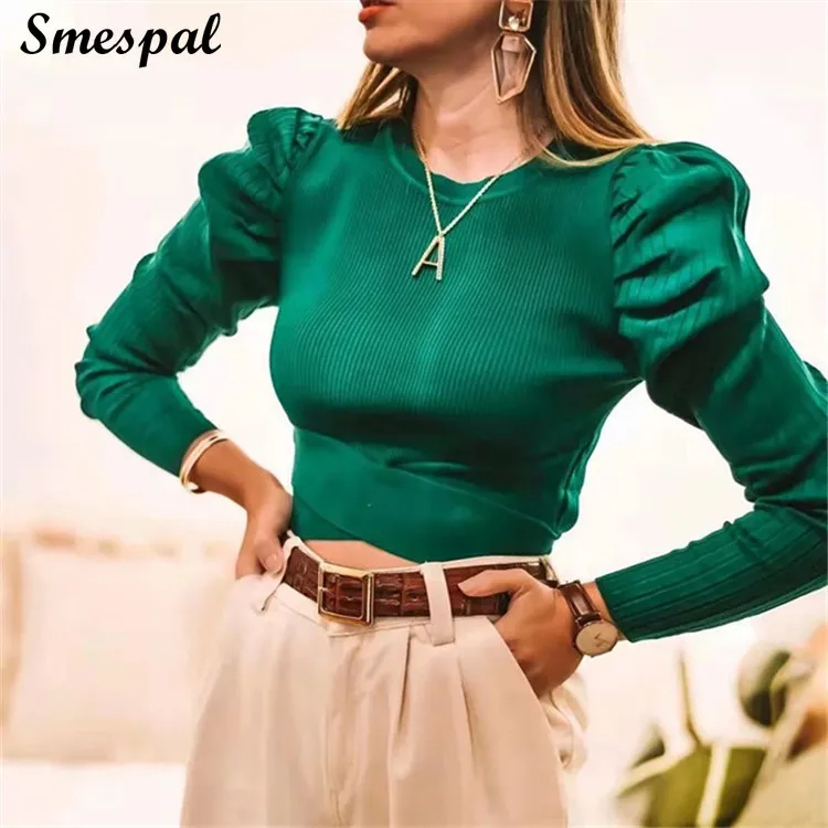 Женщины Slim Fit Crop трикотажные с длинным слоеным рукавом свитер рубашка в зеленом