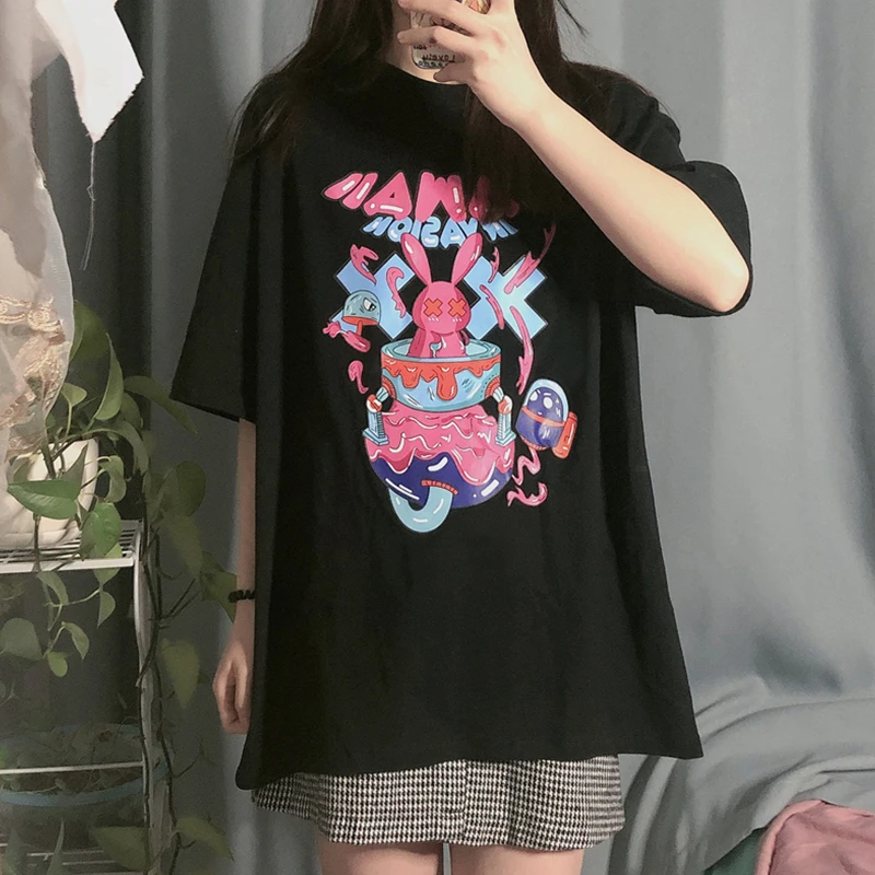 Cute Little Dinosaur Pattern Printed T-Shirt Summer Loose Large Size Multi-Color Cartoons Japanese Tops Y2k Casual Cotton Tees