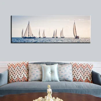 

60x180cm Sailboat Water Oil Painting on Canvas Resort Boats Buildings Cuadros Posters and Prints Wall Art for Living Room