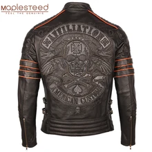 Черная мотоциклетная кожаная куртка с вышивкой черепа из натуральной воловьей кожи Байкерская кожаная куртка зимняя теплая одежда M219