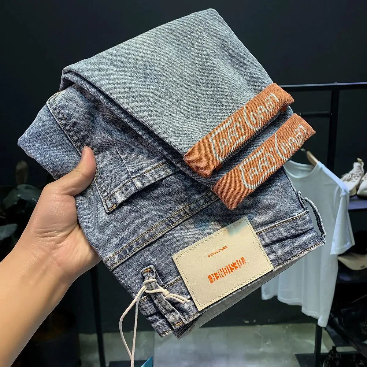 Ripped Denim jeans men's trendy brand loose summer thin elastic feet pants men's Korean harem teenagers cropped pants