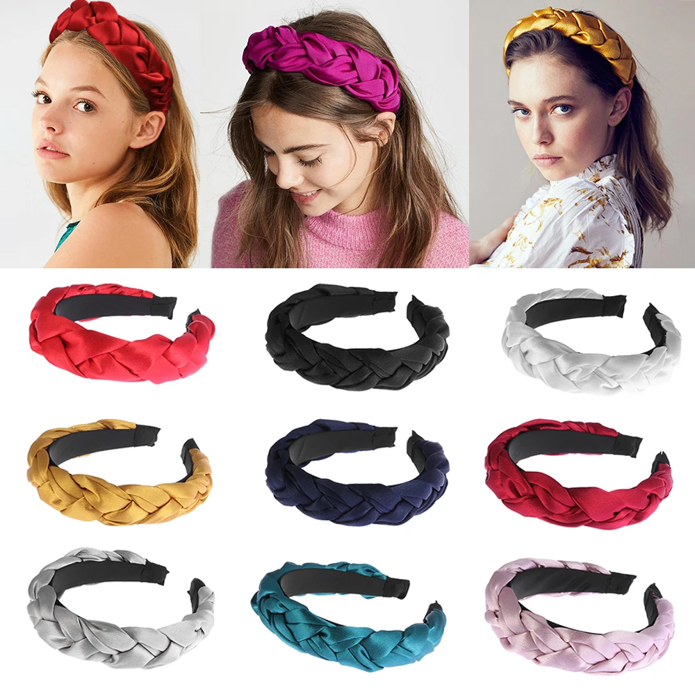 

New Fashion Bohemia Women Ribbon Weave Headband Solid Color Hairband Wide Knot Hair Hoop Girls Retro Headwear Hair Accessories