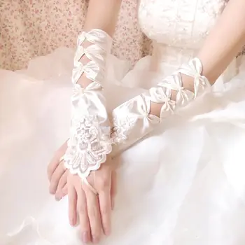 

Satin Wedding Fingerless Long Gloves Hollow Bowknot Sequins Lace 1920s Mittens