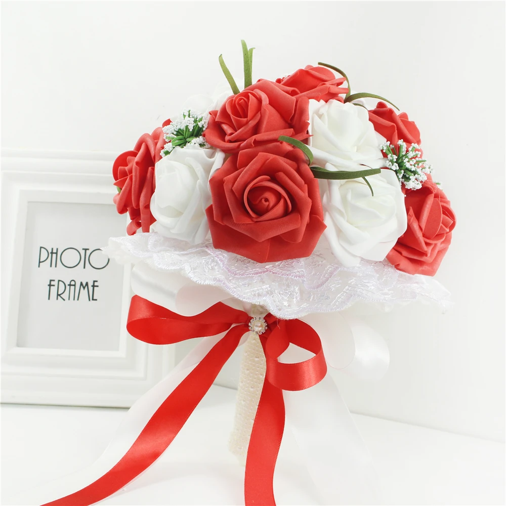 YO CHO PE Rose Bridesmaid Wedding Foam flowers Red Rose Bridal bouquet Ribbon Fake Wedding bouquet de noiva Customized