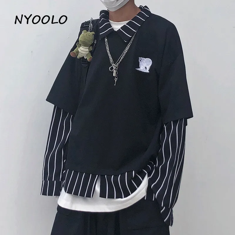 NYOOLO Harajuku стиль вышивка поддельные 2 шт. полосатая Лоскутная рубашка осень уличная Свободная рубашка с длинными рукавами для женщин и мужчин Топ