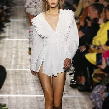 

AEL OL Temperament Asymmetric Women Shirt Long Puff Sleeve Deep V Neck Ruched Top Buttons Solid Blouse 2020 Spring New