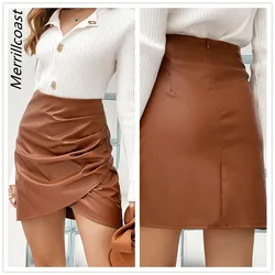 Faux Leather Mini Skirt Korean Fashion Punk Brown Pencil Women Pu Skirts Wrap Micro Vintage Roupa Falda Short Saia Plissada