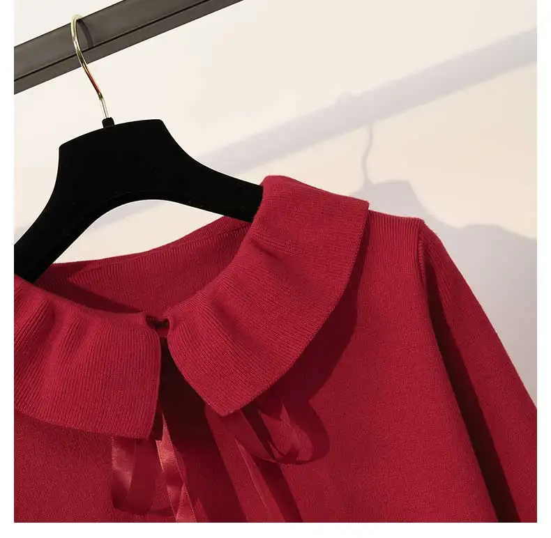 Плюс размер 4XL вязаное платье с бантом и длинным рукавом, воротник Питер Пэн, свободное трикотажное платье с высокой талией, женское модное осенне-зимнее платье