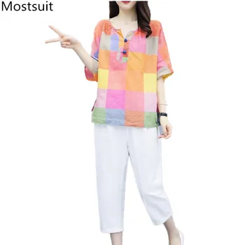 

2020 Summer Casual 2 Piece Sets Outfits Women Plaid Tops + Cropped Pants Suits Korean Fashion Female 2 Piece Sets Femme