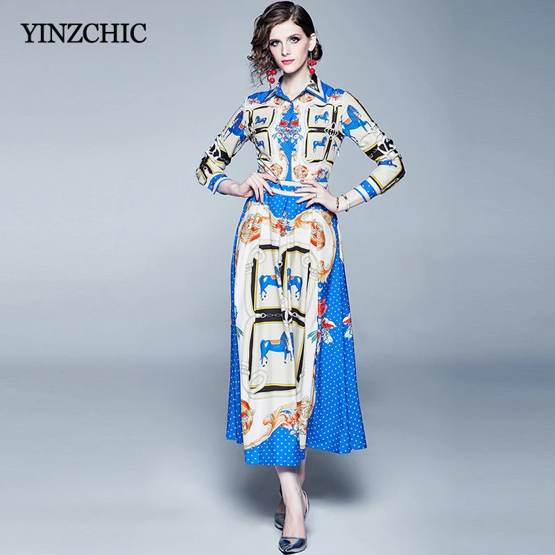 

Vintage Printed Woman Autumn Long Dress Turn-down Collar Female Elegant Party Dresses Slim A-line Dresses for Elegant Woman