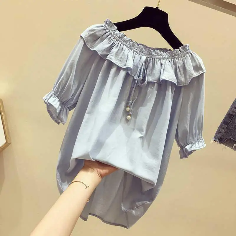 Women Spring Summer Style Chiffon Blouses Shirts Lady Casual Short Sleeve Slash neck Solid Loose Elegant Blouses Tops DF3468