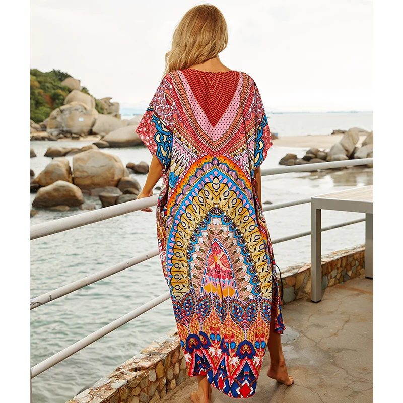Elegant Gold Long Kaftan Beach Cover up Sexy Deep V-neck Summer Dress Plus Size Women Clothes Beachwear Q877