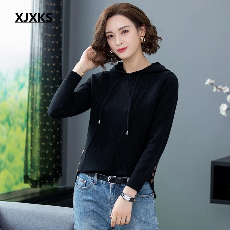 XJXKS ropa mujer Invierno модный кашемировый пуловер с капюшоном для женщин, однотонный вязаный женский свитер с длинными рукавами - Цвет: Черный