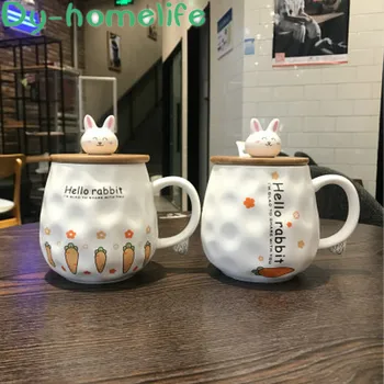 

Ceramic Cup Korean Cartoon Rabbit Ripple Round with Spoon Cover Child Water Ware Home Kitchen Decoration Bar Supplies Drinkware