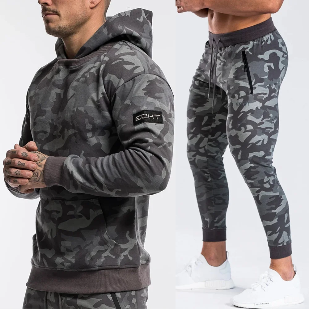 Камуфляжные спортивные штаны для бега, обтягивающие брюки для мужчин, повседневные брюки, мужские хлопковые спортивные штаны для фитнеса и тренировок, осенне-зимняя спортивная одежда - Цвет: Gray (Sets)