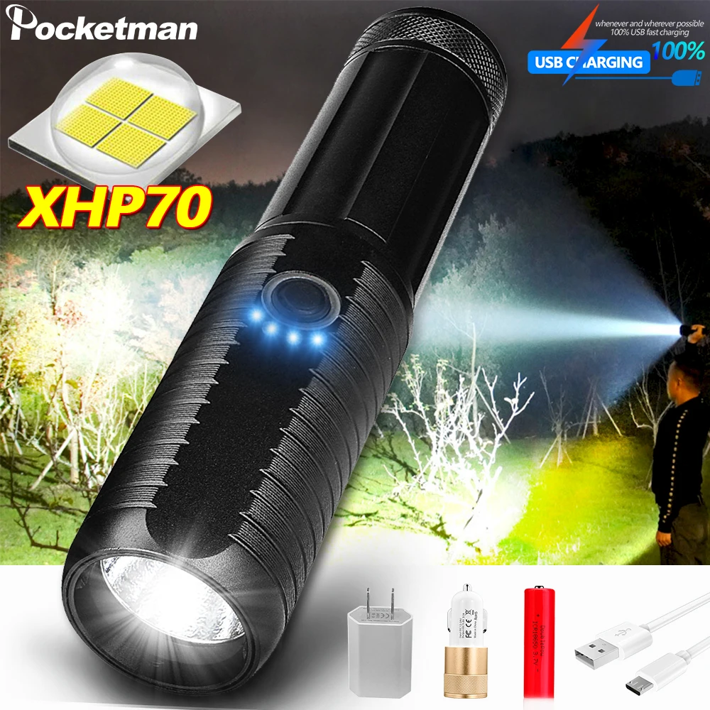 

Super Bright XHP70 LED Flashlight LED Torch 5 Modes Zoomable Tactical Torch 18650 26650 Battery USB Rechargeable Deal Camping