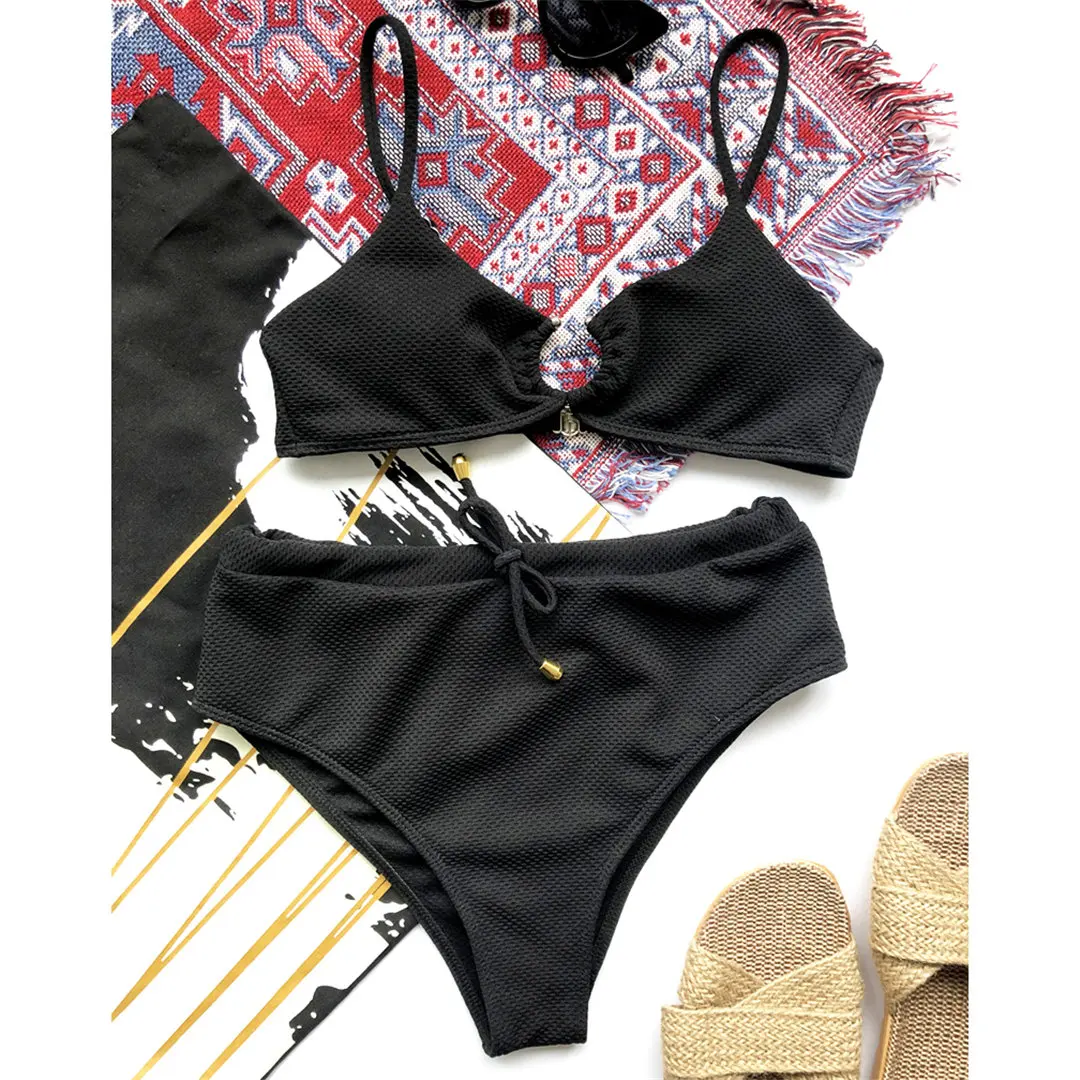 Female Swimsuit High Waist Bikini 2020 Women Swimwear Two-pieces Bikini set With Metal Ring Bather Bathing Suit Swim Lady V2416