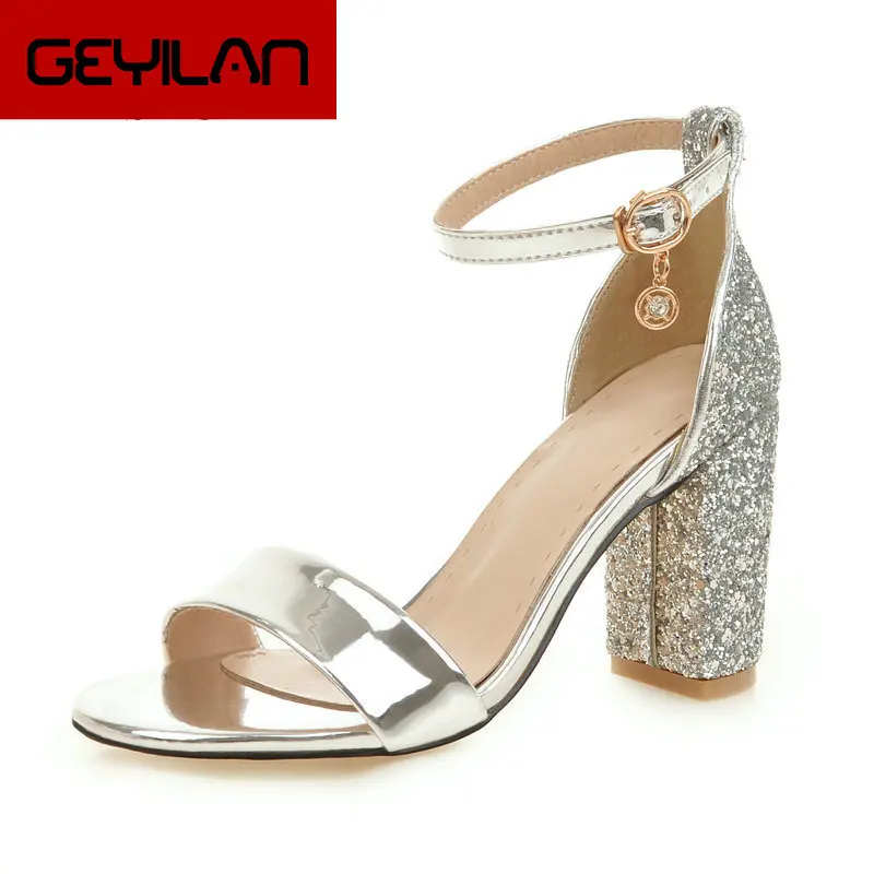 

2019 Ankle-Wrap Female Sexy Sequined Gladiator Sandals Fashion Thick High Heels Buckle Open Toe Party Dress Pumps Shoes Women
