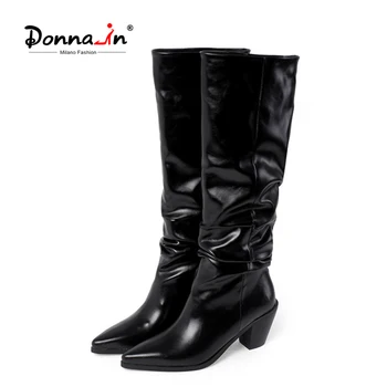 

Donna-in 2020 New Sexy Pleated Long Women Boots Winter High Heel Thick Heel Western Under The Knee Boot Female Shoes Large Size