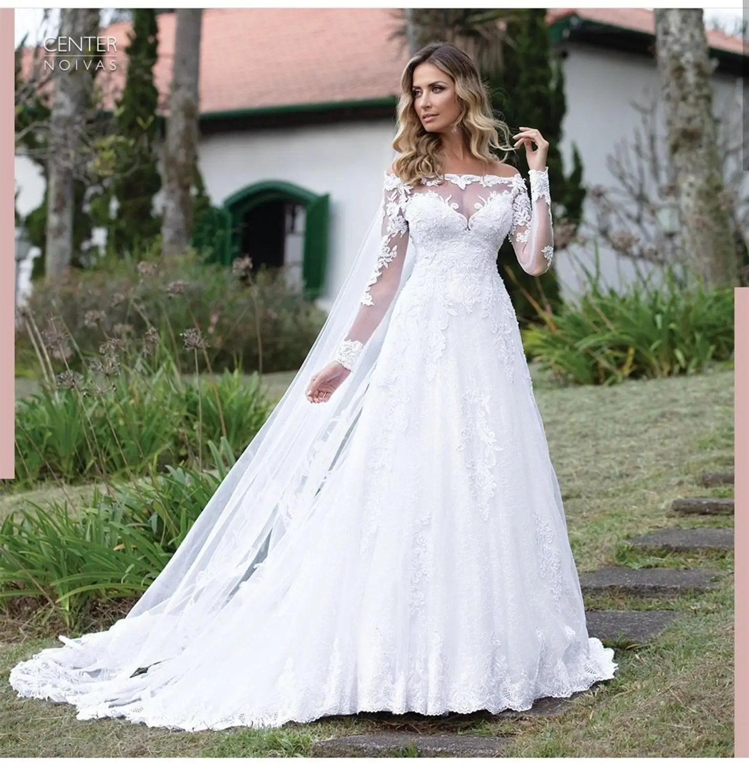 

2020 Wedding Dress Long vestidos de novia elegantes white lace appliques one neck with cape robe mariee blanche vestido noiva to