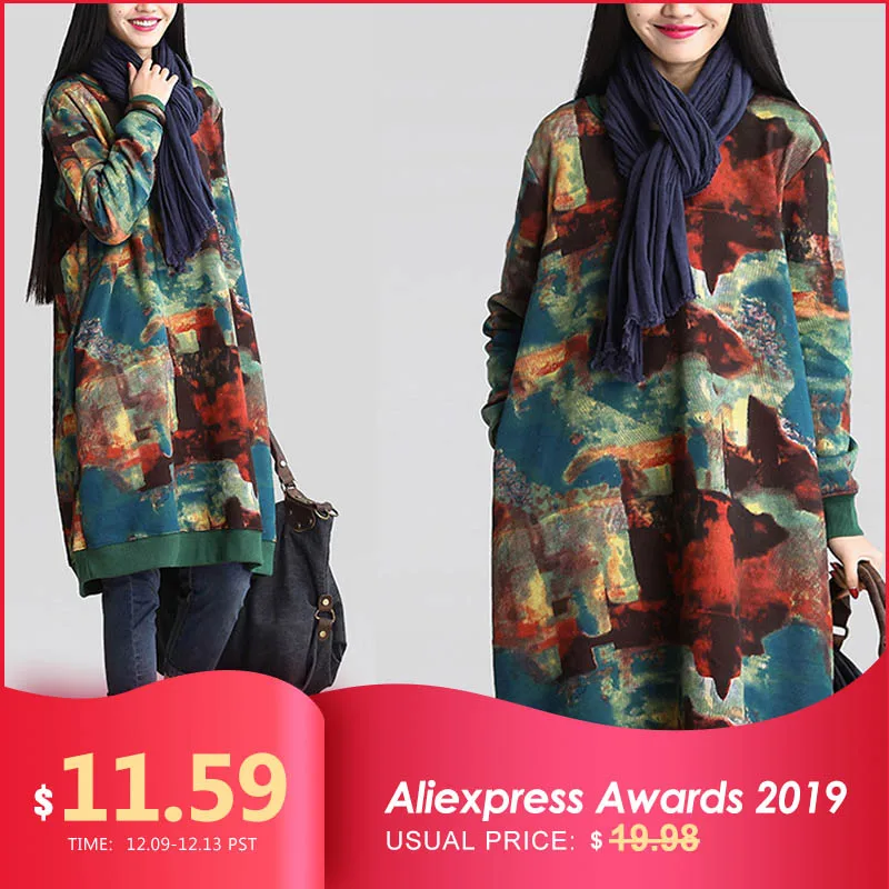 Tanie Celmia 2019 jesień kobiety długa sukienka z kapturem damska z długim rękawem drukuj luźna w stylu retro obszerna bluza z kapturem sweter Top Mujer Plus rozmiar