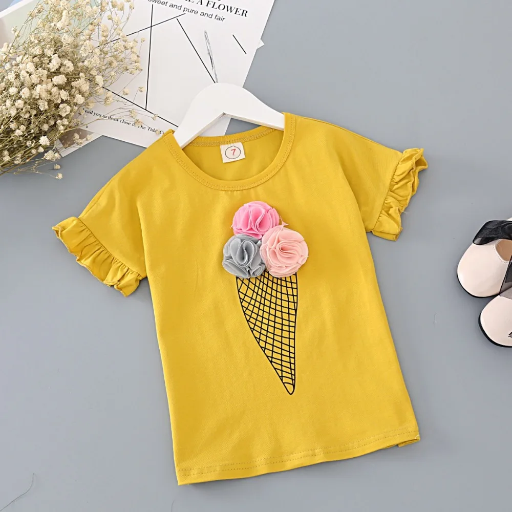 Комплект одежды для девочек, модная желтая рубашка с рисунком мороженого и клетчатые штаны комплект детской одежды из 2 предметов, милый детский летний наряд