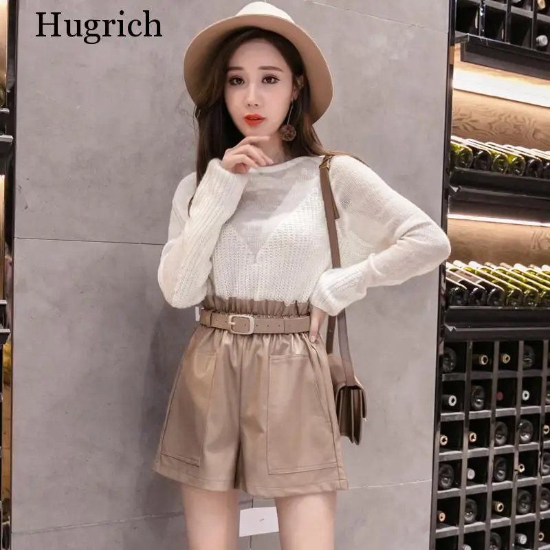 Elegant Leather Shorts Fashion High Waist Shorts Girls A-line  Bottoms Wide-legged Shorts Autumn Winter Women