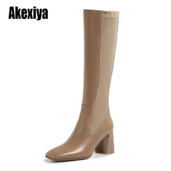 

New fashion black genuine leather Knee high boots for women Square Toe High heel winter long boots women Knight boots botas