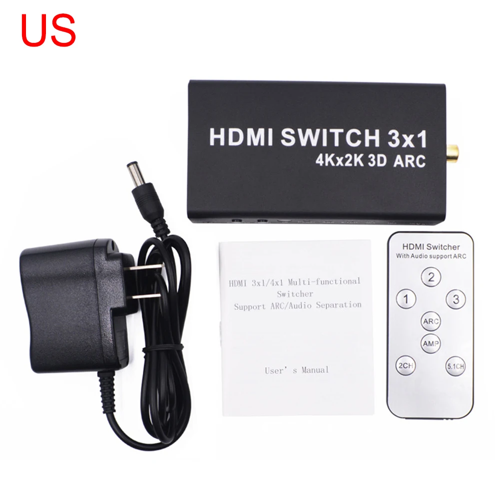 US Plug HDMI коммутатор 2,0 4K HDMI 3x1 адаптер коммутатор Аудио экстрактор ARC 3 порта HDMI переключатель дистанционного 4K для компьютера ТВ XBox - Длина: US Plug