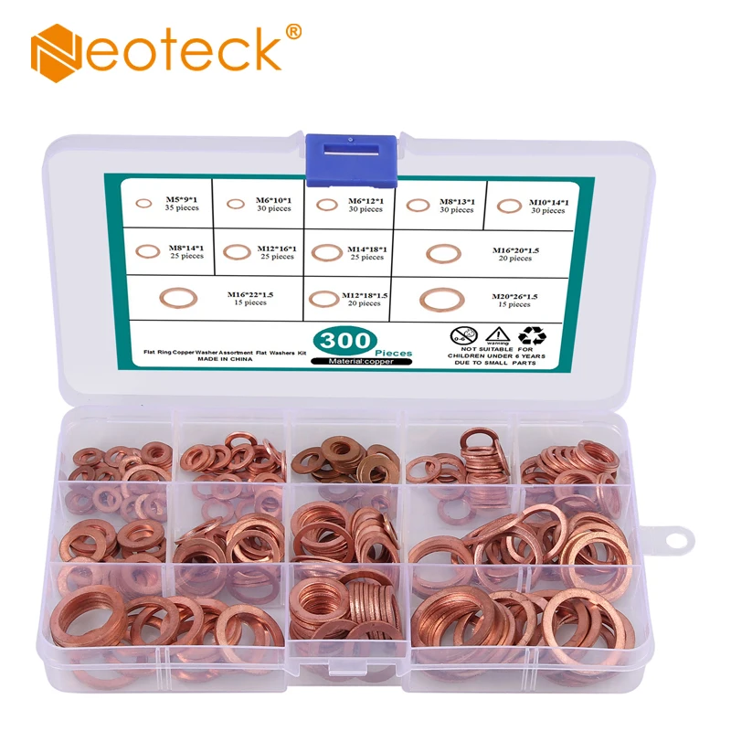Neoteck 300 шт. медные шайбы плоское уплотнительное кольцо Уплотнительные Шайбы Ассортимент Комплект M5-M20