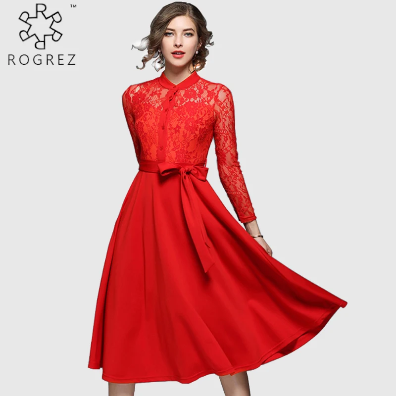 ROGREZ Black Red Elegant Office Party Dinner Women Lace Dress Winter O