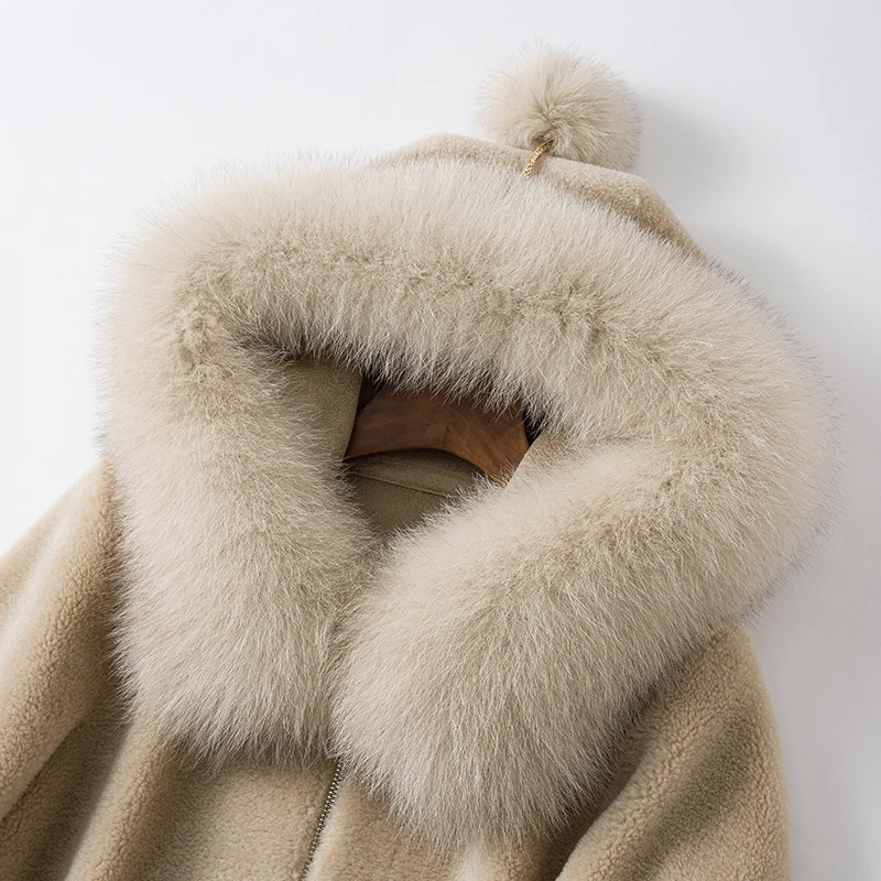 Зимнее пальто с капюшоном из натурального Лисьего меха, Женская куртка из овечьей шерсти, новинка, шерстяное пальто свободного кроя, бархатное пальто