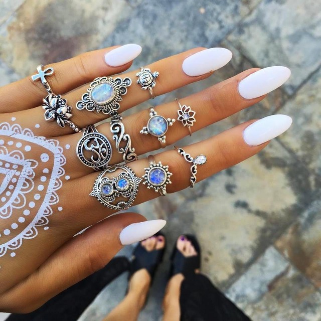 Bohemia Rose Flower Finger Rings Set For Women Crystal Geometric Knuckle Chain Ring Female Fashion Jewelry