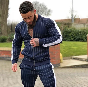 

2020 Gym Pure Cotton Fitness Running Men's New Muscle Brother Autumn And Winter Stripe Cardigan 2-piece Elastic Zipper 2020