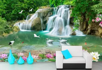 

CJSIR Custom Wallpaper Natural Mural HD Landscape Lotus Goldfish Waterfall Wallpaper Living Room Backdrop 3d Wallpaper Mural