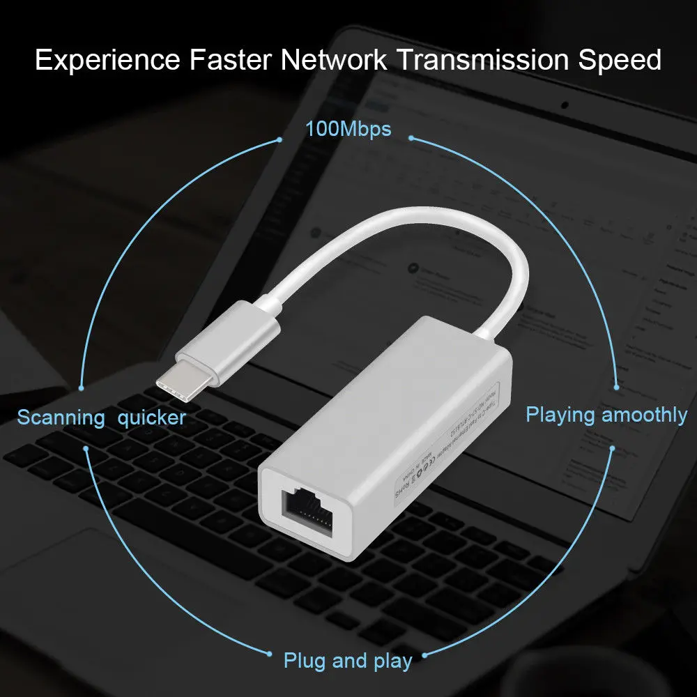 For MacBook Type C to RJ45 Silver Adapter USB C 12cm Wired Dongle Cable Laptop Gigabit 2